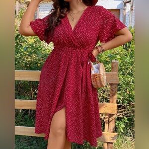 Red and white Polka dot belted dress with butterfly sleeve